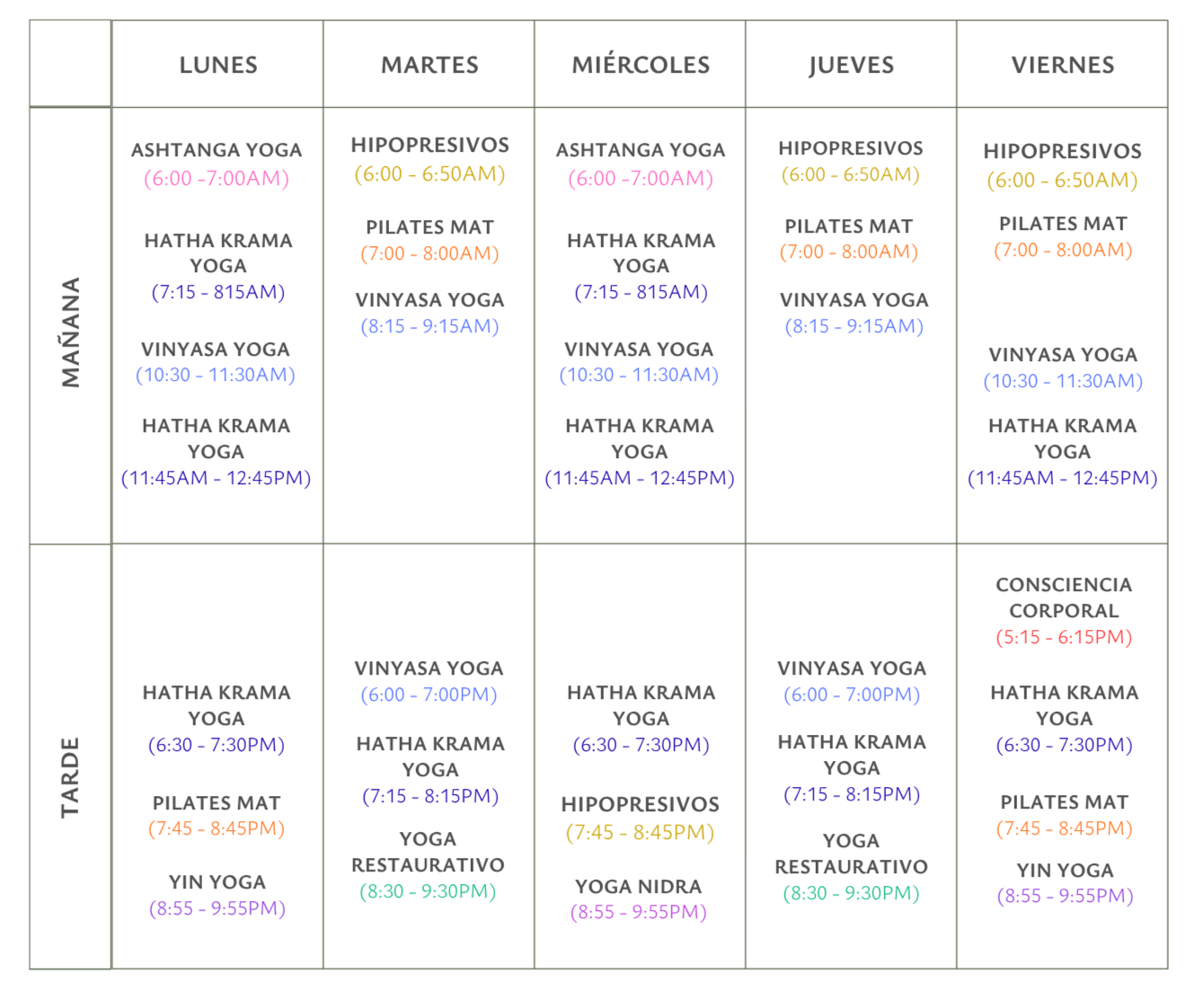 horarios clase de yoga pilates hipopresivos